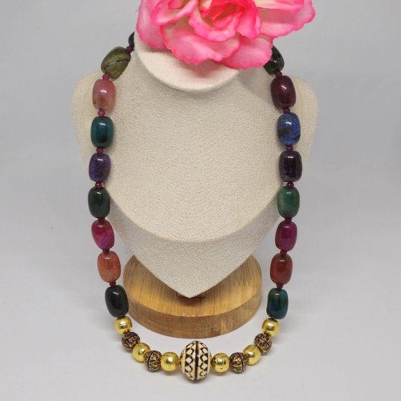 Enamel Cloisonne Crackle Agate Beaded Statement Necklace Gold Green Red Purple - Picture 10 of 14